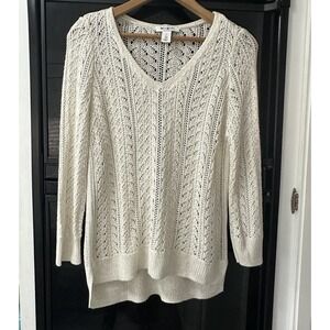 WHBM Open Knit Sweater Size M Cream‎ Sparkle Metallic Top Cottagecore Cozy